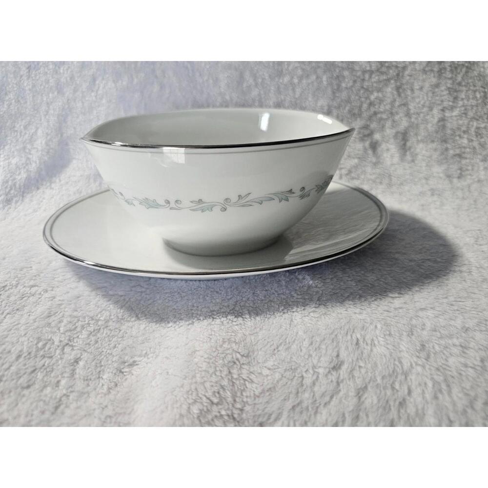 Vintage Noritake Gravy Boat Sauce Plate Attached White & Silver Brooklane 6112